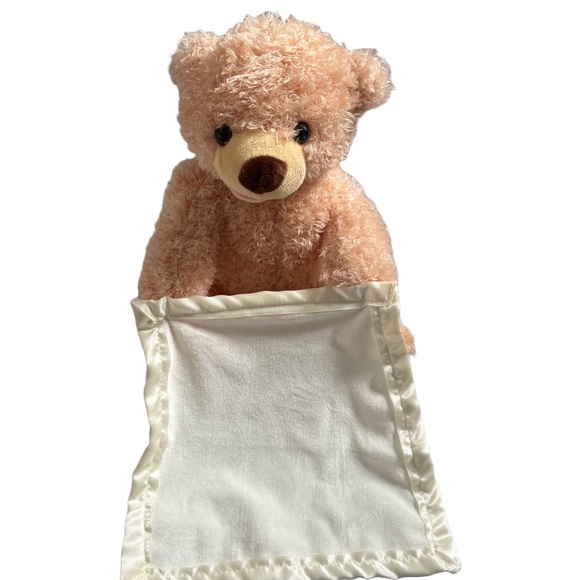 TAN HIDE AND SEEK TALKING TEDDY BEAR WITH SATIN BLANKET - Picture 1 of 5